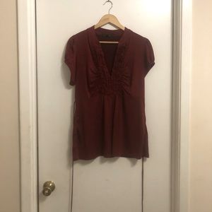 HeartSoul WOMENS Burgundy Ruffle Neckline Short Sleeve Top w/ Back Tie